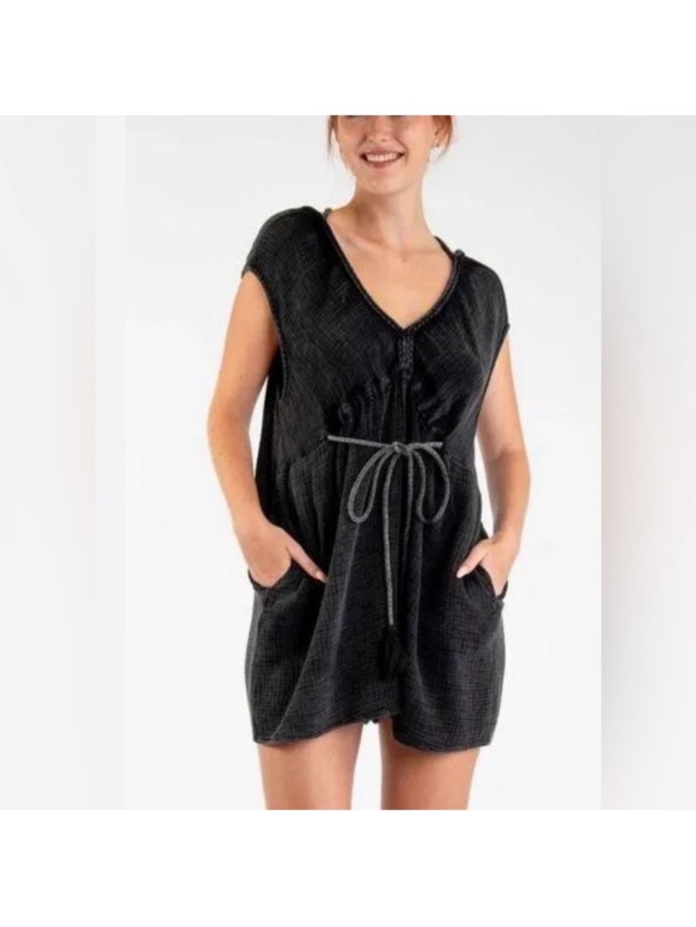 Casual Black V-Neck Swim Cover-Up with Tie Waist